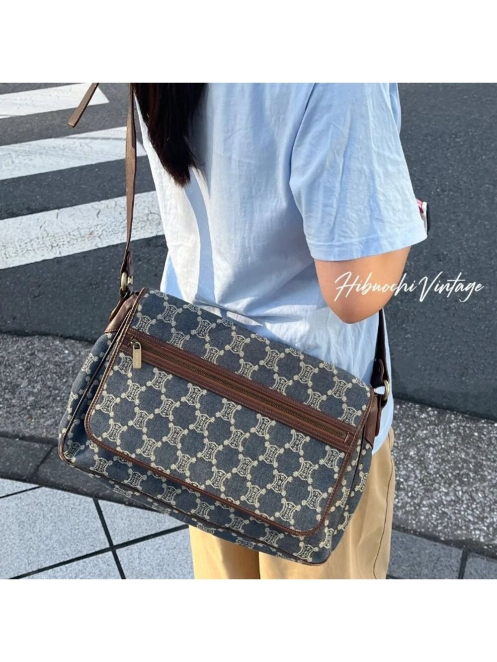 Celine Macadam Denim Flap Crossbody Shoulder Bag Blue Brown Gold Vintage